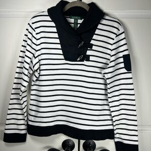 Ralph Lauren Blue/White Striped Nautical Women's Sweater Shawl Neck Size Large